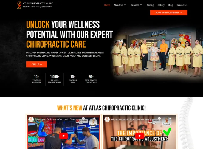 Homepage of Chiropractic Clinic website featuring chiropractic wellness services, call-to-action appointment button, and modern healthcare website design layout.
