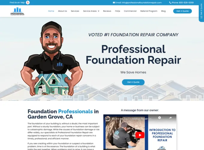 Homepage of Professional Foundation Repair website featuring foundation repair services, strong call-to-action, and service business website design for home repair companies.